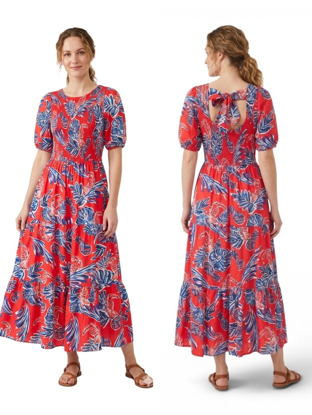 Jessica Simpson Faeryn Red Tropical Smocked Tiered Maxi Dress Size Small